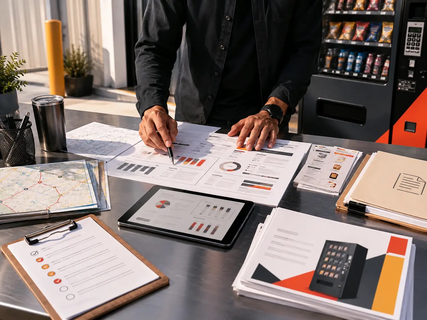 Vending Machine scenario planning board with startup assumptions