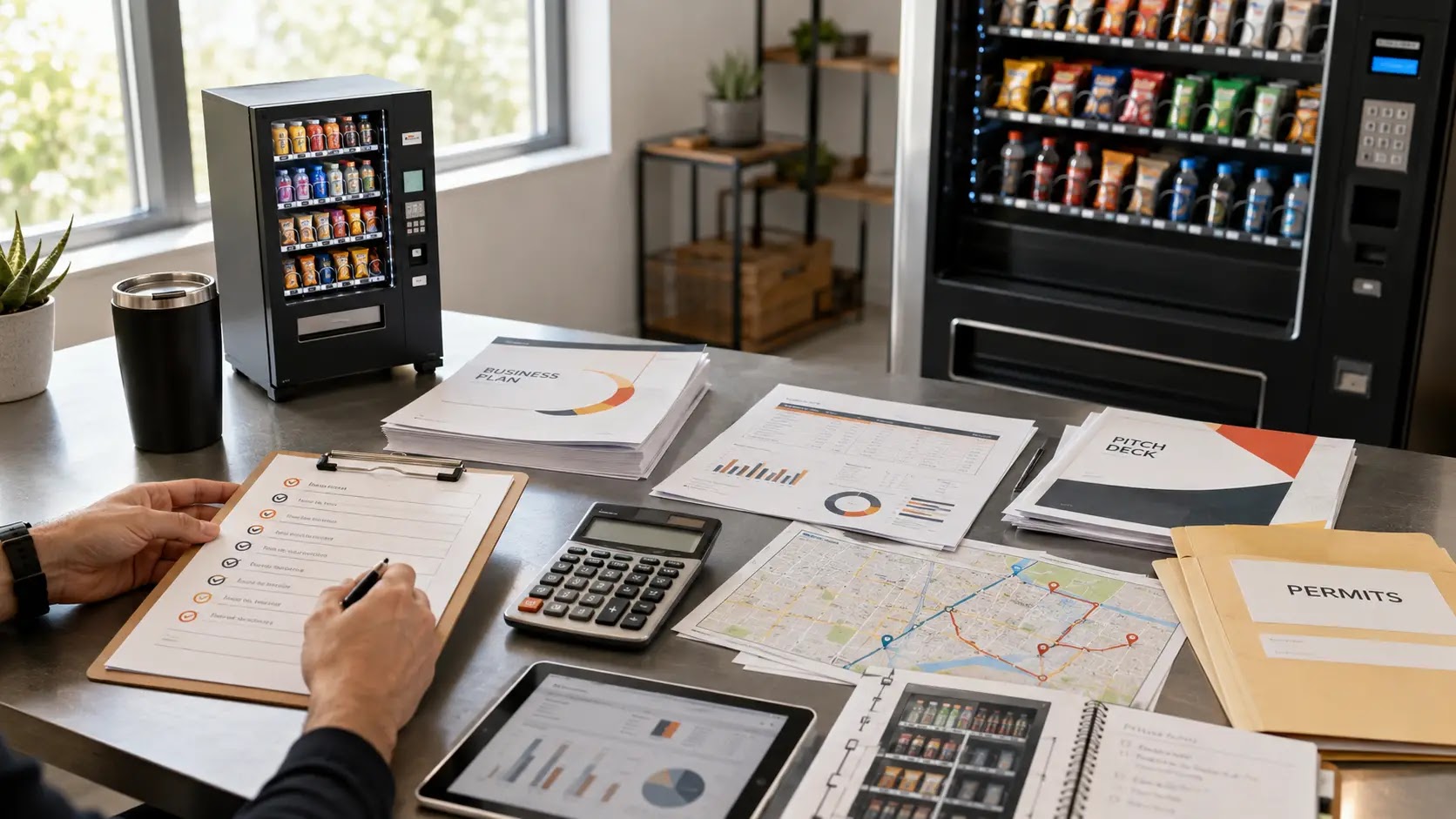 Vending Machine business planning desk with financial model, checklist, business plan, and startup notes