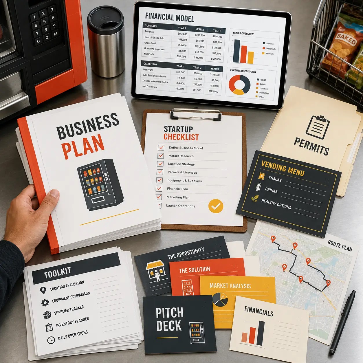 Sticky CTA visual for a vending machine planning bundle with financial model, business plan, checklist, and pitch deck